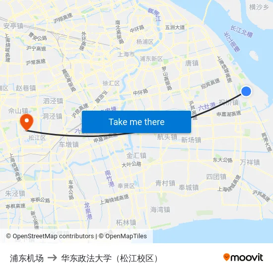 浦东机场 to 华东政法大学（松江校区） map