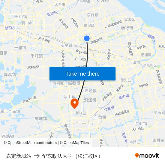 嘉定新城站 to 华东政法大学（松江校区） map