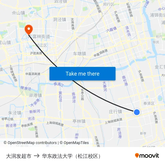 大润发超市 to 华东政法大学（松江校区） map