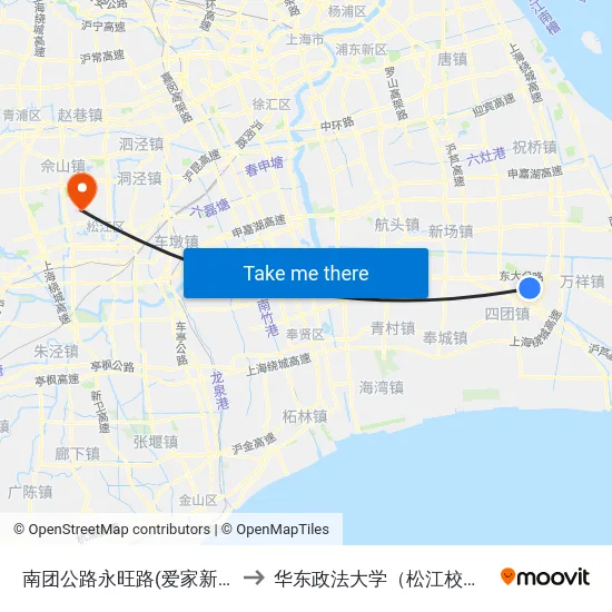 南团公路永旺路(爱家新城) to 华东政法大学（松江校区） map