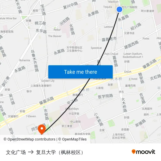文化广场 to 复旦大学（枫林校区） map