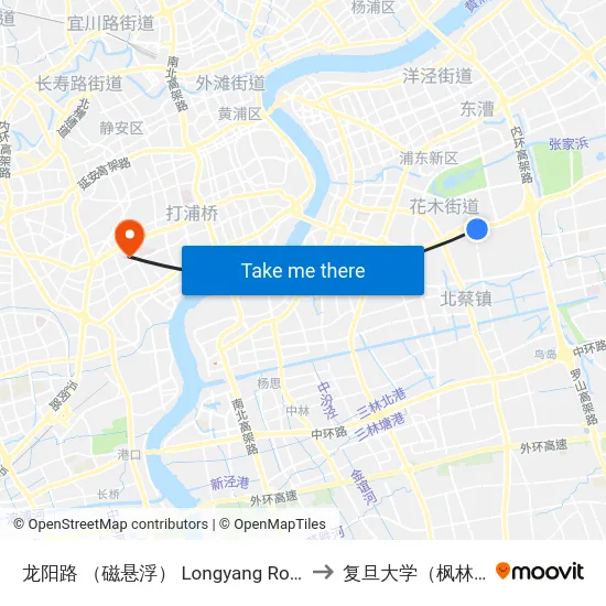 龙阳路 （磁悬浮） Longyang Road (Maglev) to 复旦大学（枫林校区） map