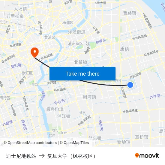 迪士尼地铁站 to 复旦大学（枫林校区） map