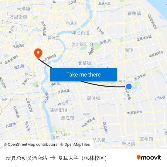 玩具总动员酒店站 to 复旦大学（枫林校区） map