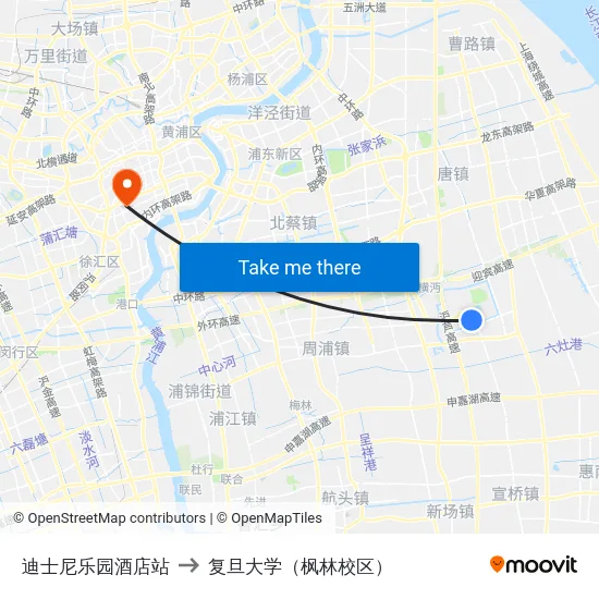 迪士尼乐园酒店站 to 复旦大学（枫林校区） map