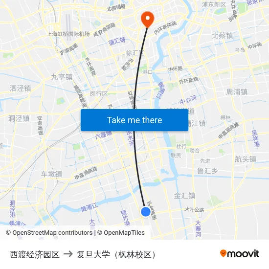 西渡经济园区 to 复旦大学（枫林校区） map