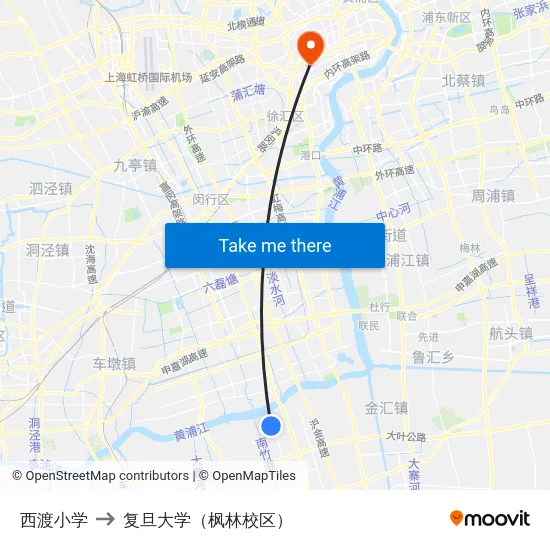 西渡小学 to 复旦大学（枫林校区） map