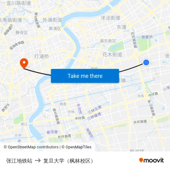 张江地铁站 to 复旦大学（枫林校区） map
