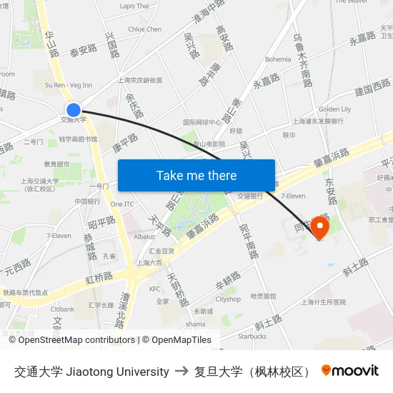 交通大学 Jiaotong University to 复旦大学（枫林校区） map