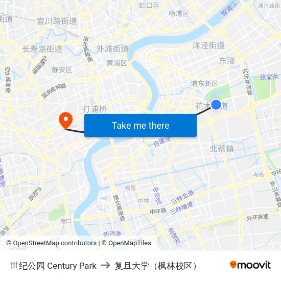 世纪公园 Century Park to 复旦大学（枫林校区） map