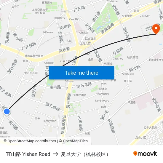 宜山路 Yishan Road to 复旦大学（枫林校区） map