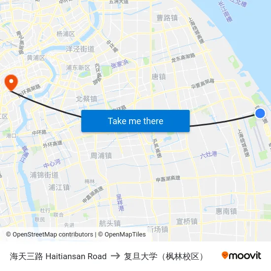 海天三路 Haitiansan Road to 复旦大学（枫林校区） map