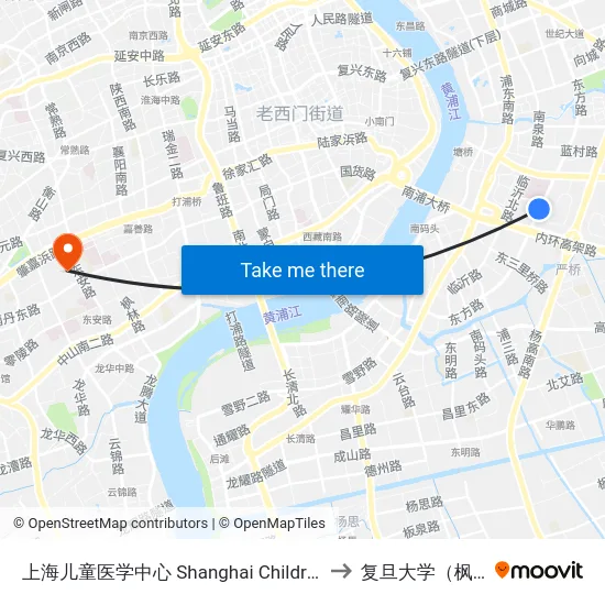 上海儿童医学中心 Shanghai Children's Medical Center to 复旦大学（枫林校区） map