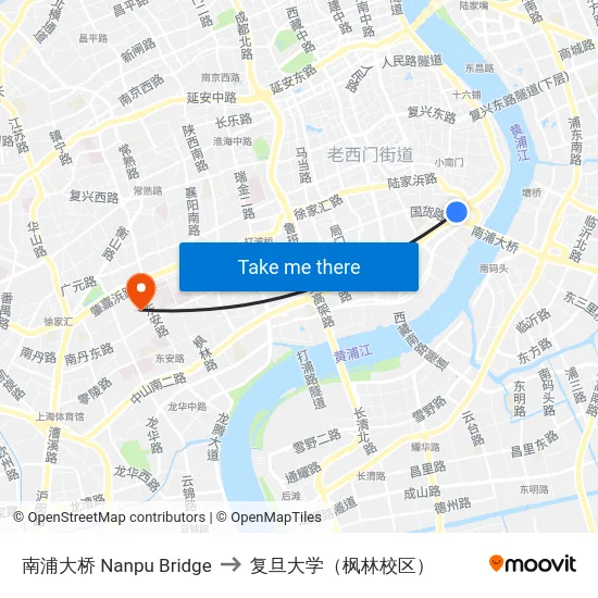 南浦大桥 Nanpu Bridge to 复旦大学（枫林校区） map
