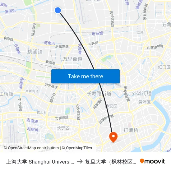 上海大学 Shanghai University to 复旦大学（枫林校区） map