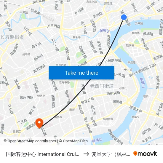 国际客运中心 International Cruise Terminal to 复旦大学（枫林校区） map