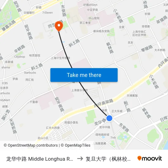 龙华中路 Middle Longhua Road to 复旦大学（枫林校区） map