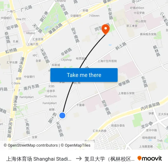 上海体育场 Shanghai Stadium to 复旦大学（枫林校区） map
