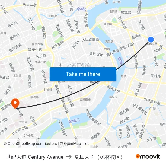 世纪大道 Century Avenue to 复旦大学（枫林校区） map