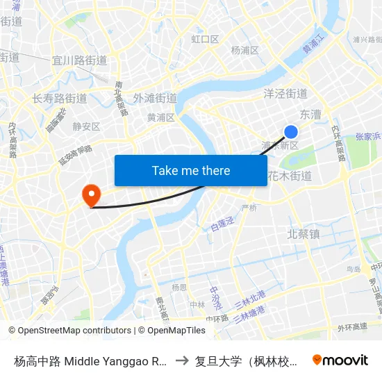 杨高中路 Middle Yanggao Road to 复旦大学（枫林校区） map