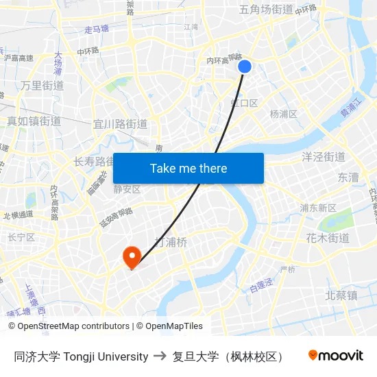 同济大学 Tongji University to 复旦大学（枫林校区） map