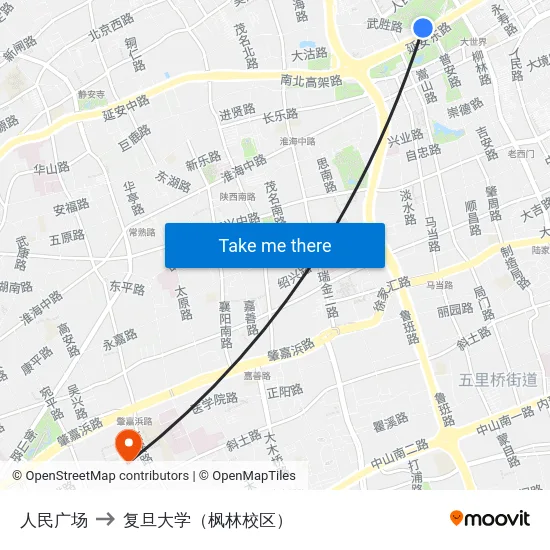 人民广场 to 复旦大学（枫林校区） map
