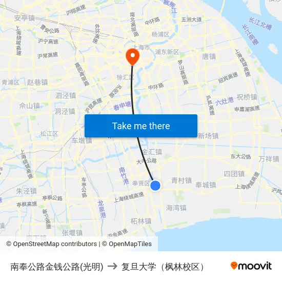 南奉公路金钱公路(光明) to 复旦大学（枫林校区） map