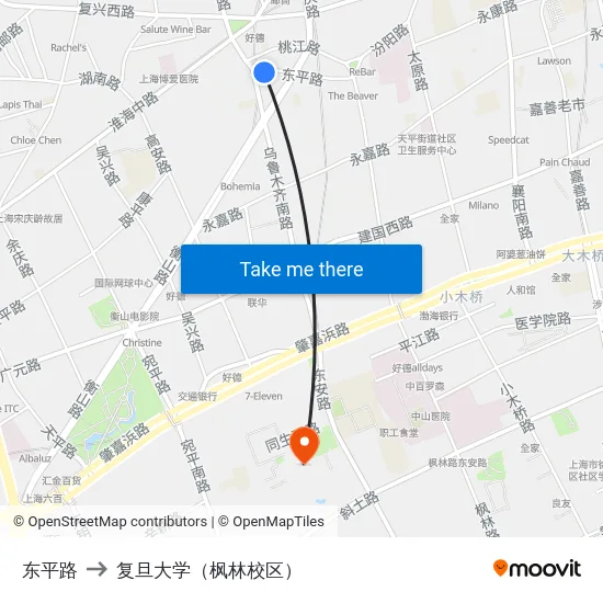 东平路 to 复旦大学（枫林校区） map