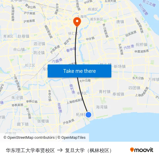 华东理工大学奉贤校区 to 复旦大学（枫林校区） map