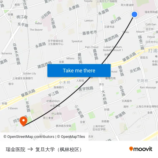 瑞金医院 to 复旦大学（枫林校区） map