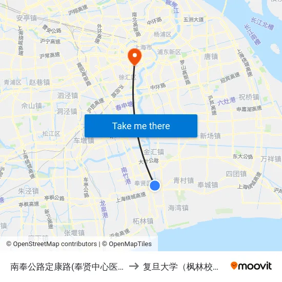 南奉公路定康路(奉贤中心医院) to 复旦大学（枫林校区） map