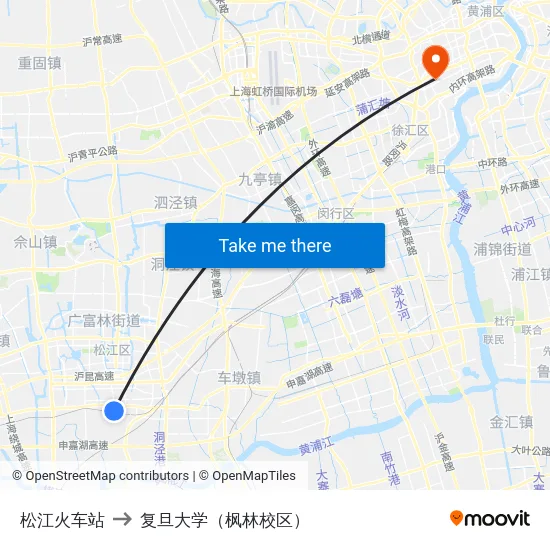 松江火车站 to 复旦大学（枫林校区） map