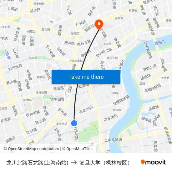 龙川北路石龙路(上海南站) to 复旦大学（枫林校区） map