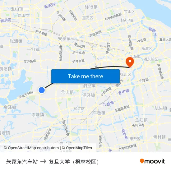 朱家角汽车站 to 复旦大学（枫林校区） map