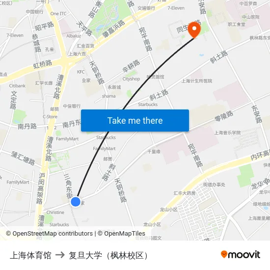 上海体育馆 to 复旦大学（枫林校区） map