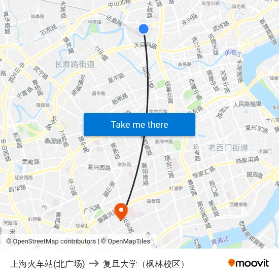 上海火车站(北广场) to 复旦大学（枫林校区） map