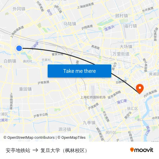 安亭地铁站 to 复旦大学（枫林校区） map