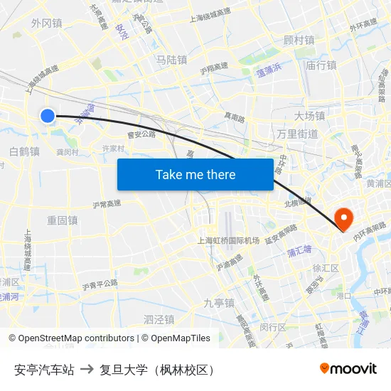 安亭汽车站 to 复旦大学（枫林校区） map
