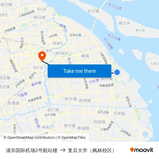 浦东国际机场2号航站楼 to 复旦大学（枫林校区） map