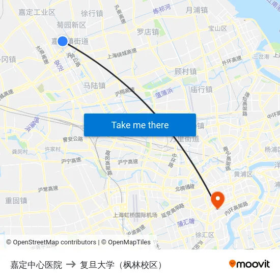嘉定中心医院 to 复旦大学（枫林校区） map