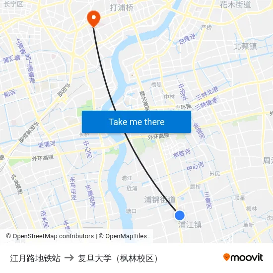 江月路地铁站 to 复旦大学（枫林校区） map