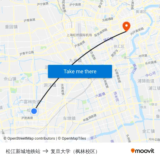 松江新城地铁站 to 复旦大学（枫林校区） map
