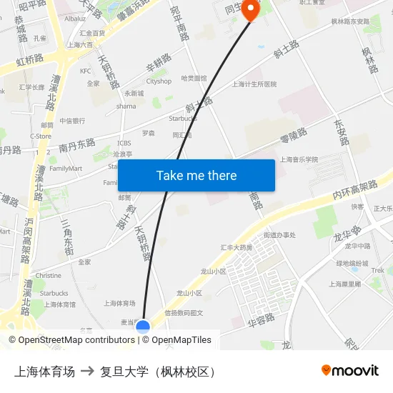 上海体育场 to 复旦大学（枫林校区） map
