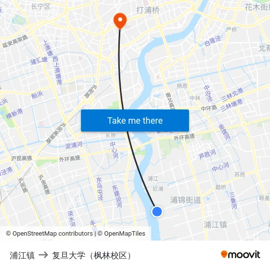 浦江镇 to 复旦大学（枫林校区） map
