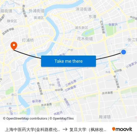 上海中医药大学(金科路蔡伦路) to 复旦大学（枫林校区） map