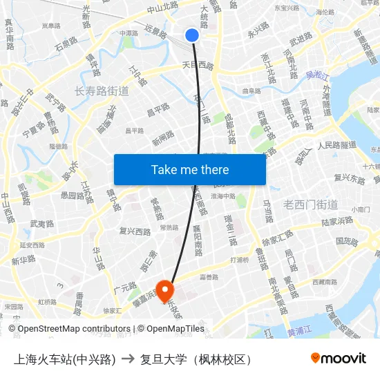 上海火车站(中兴路) to 复旦大学（枫林校区） map