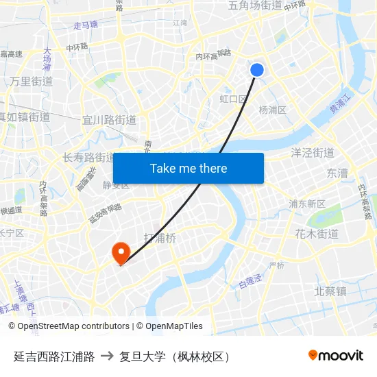 延吉西路江浦路 to 复旦大学（枫林校区） map