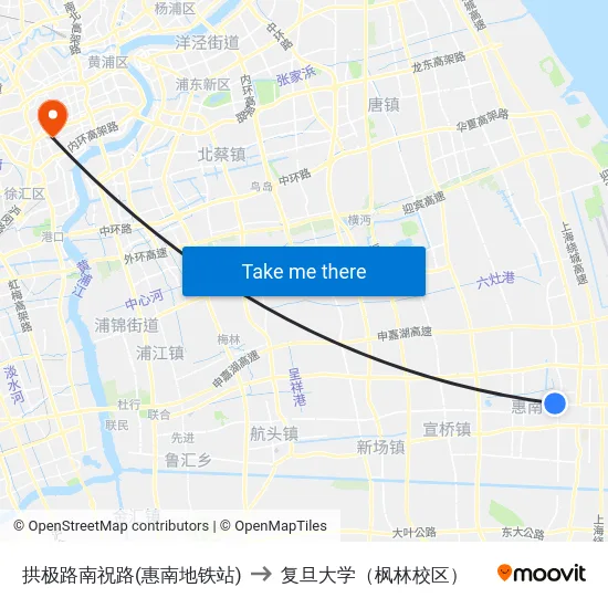拱极路南祝路(惠南地铁站) to 复旦大学（枫林校区） map