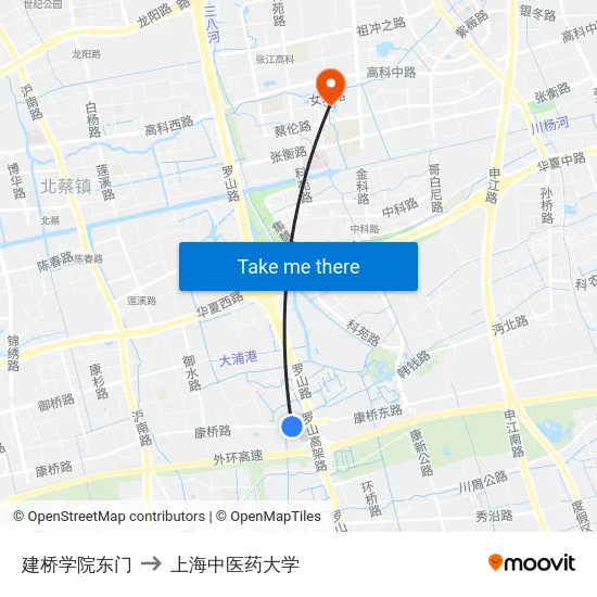 建桥学院东门 to 上海中医药大学 map
