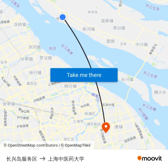 长兴岛服务区 to 上海中医药大学 map